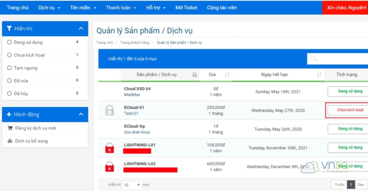 Xem các dịch vụ đang thuê tại VNSO